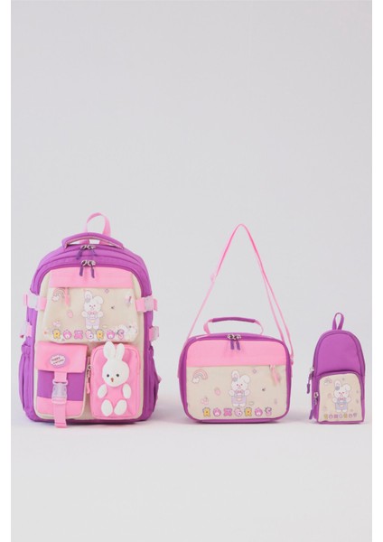 Tavşan Figürlü 3'lü Kız Çocuk Okul Çantası Seti - Kalemlik ve Termal Beslenmeli Ilkokul Çantası
