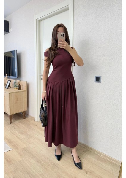 Asimetrik Düşük Yaka Kolsuz Uzun Elbise - Bordo L-Bordo