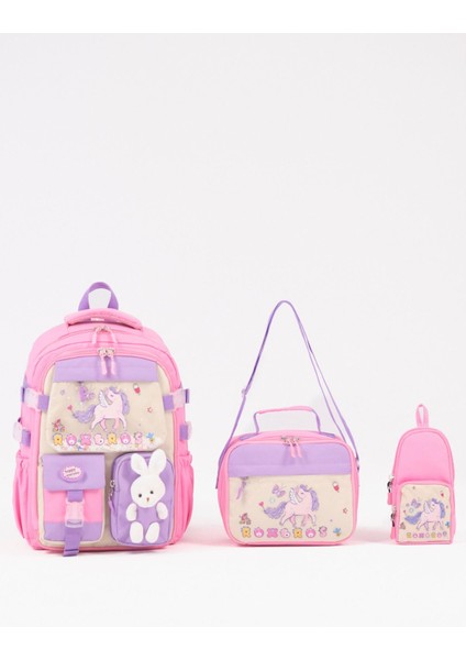 Unicorn Figürlü 3'lü Kız Çocuk Okul Çantası Seti - Kalemlik ve Termal Beslenmeli Ilkokul Çantası