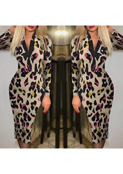 Kadın Uzun Kollu V Yaka Puantiyeli Krep Midi Boy Elbise L-Xl-Leopar modelleri