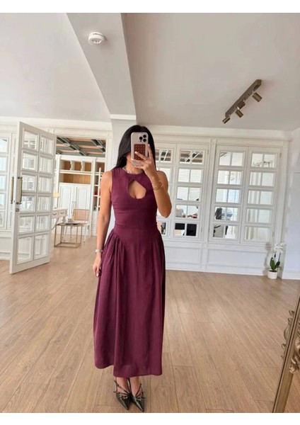 Kolsuz Uzun Kabardin Elbise - Bordo L-Bordo
