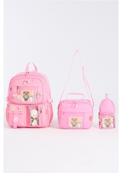 Kore Tarzı Aksesuarlı 3'lü Set Kız Çocuk Ilkokul Çantası Kalemlikli Beslenme Çantalı Sırt Çantası