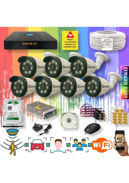 7 Kameralı Set - Yapay Zeka Özellikli Gece Renkli Gösteren 8 Warm Ledli TurboHD Güvenlik Kamerası Seti 3908W-9008