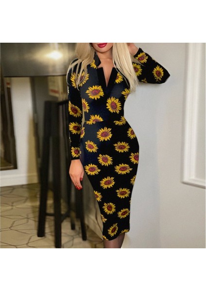 Kadın Uzun Kollu V Yaka Puantiyeli Krep Midi Boy Elbise 2xl-3xl-Desenli fiyatları
