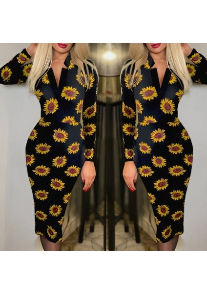 Kadın Uzun Kollu V Yaka Puantiyeli Krep Midi Boy Elbise 2xl-3xl-Desenli modelleri