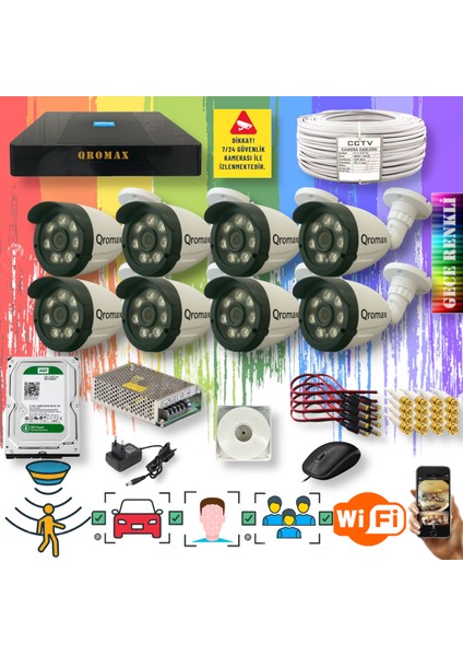 8 Kameralı Set - Yapay Zeka Özellikli Gece Renkli Gösteren 8 Warm Ledli TurboHD Güvenlik Kamerası Seti 3908W-9008