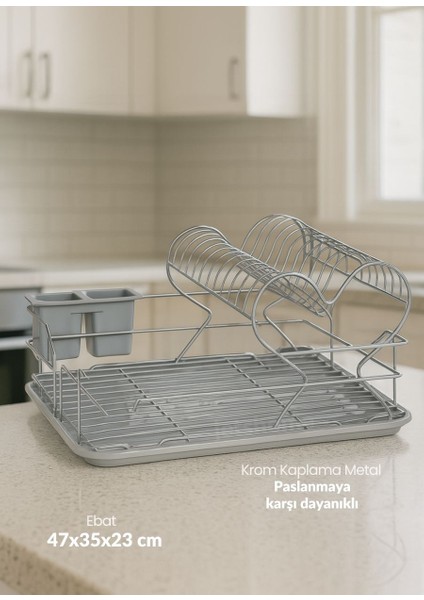 2 Katlı Bulaşıklık Tezgah Üstü Tabaklık Bpa Free Bulaşık Sepeti Kalpli Gri