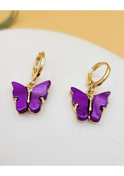 Mor Akrilik Sallantılı Kelebek Küpe modelleri