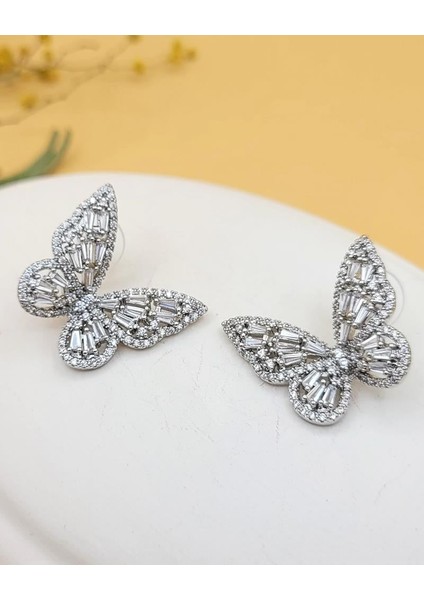 Pırıltılı Zirkon Taşlı Silver Kelebek Küpe