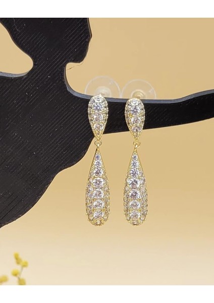 Vega Parlak Zirkon Taşlı Gold Abiye Küpe