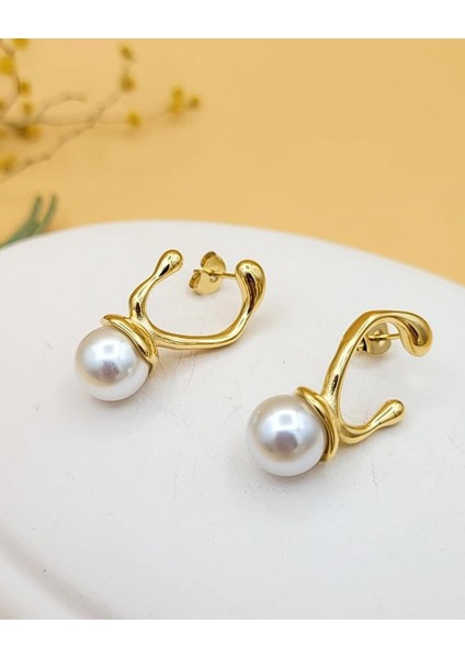 Inci Detaylı Asimetrik Gold Küpe