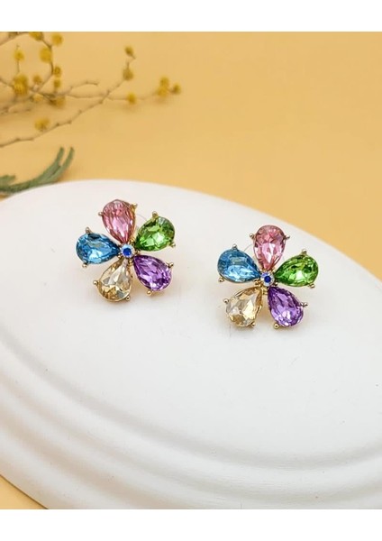 Renkli Damla Zirkon Taşlı Çiçek Küpe