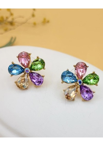 Renkli Damla Zirkon Taşlı Çiçek Küpe fiyatları