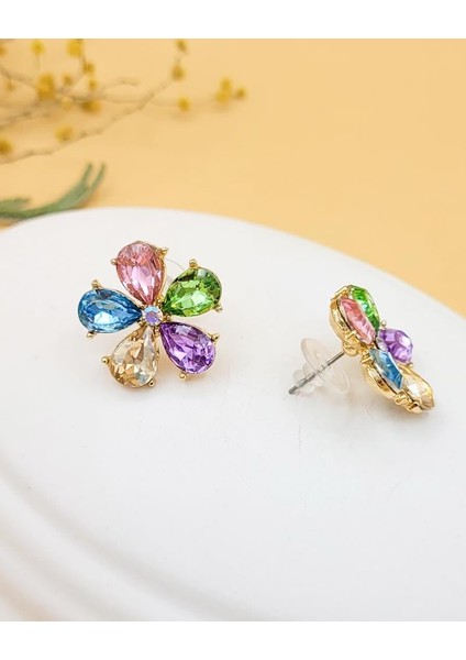 Renkli Damla Zirkon Taşlı Çiçek Küpe modelleri