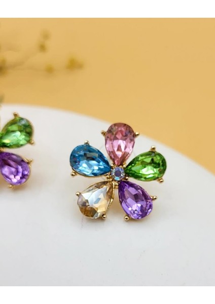 Renkli Damla Zirkon Taşlı Çiçek Küpe fırsatları