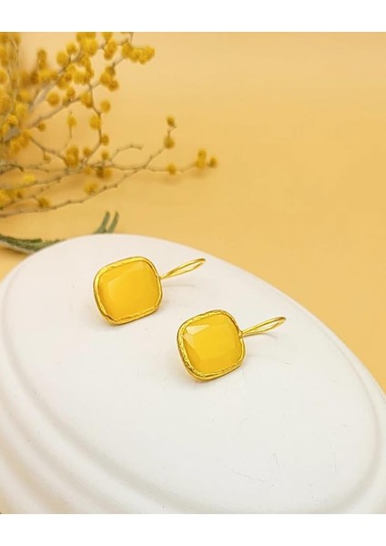 Sarı Kedi Gözü Sıvama Altın Kaplama Dörtgen Küpe