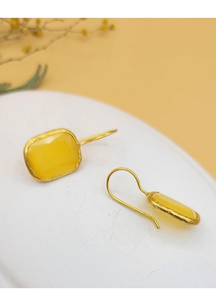 Sarı Kedi Gözü Sıvama Altın Kaplama Dörtgen Küpe fiyatları