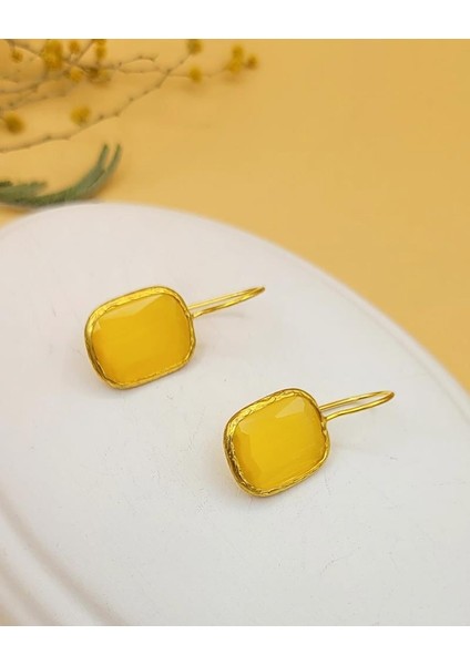 Sarı Kedi Gözü Sıvama Altın Kaplama Dörtgen Küpe modelleri