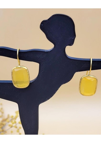 Sarı Kedi Gözü Sıvama Altın Kaplama Dörtgen Küpe fırsatları