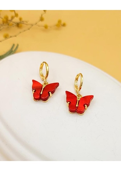 Kırmızı Akrilik Sallantılı Kelebek Küpe