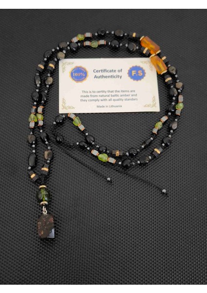 Sertifikalı Fosilli Natürel Damla Kehribar-Zebercet(Peridot)-Gold Obsidyen Erkek Kolye Kadın Kolye Doğaltaş Kolye Takı Aksesuar