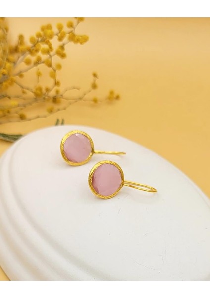 Pembe Kedi Gözü Sıvama Altın Kaplama Daire Küpe