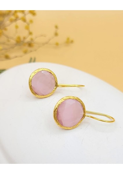 Pembe Kedi Gözü Sıvama Altın Kaplama Daire Küpe modelleri
