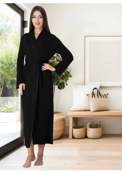 Dvina Effortt Lohusa Şal Yaka Uzun Sabahlık Siyah - 3037
