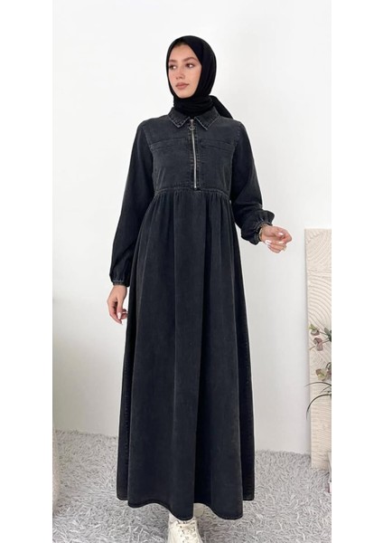 Kadın Tesettür Fermuarlı Cepli Ince Kot Elbise