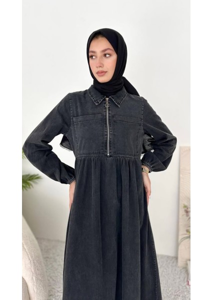 Kadın Tesettür Fermuarlı Cepli Ince Kot Elbise fiyatları
