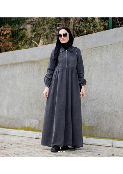 Kadın Tesettür Fermuarlı Cepli Ince Kot Elbise modelleri