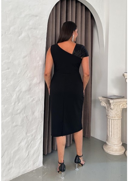 Kadın Büyük Beden Tek Omuz Saten Taş Detaylı Esnek Midi Abiye Elbise 24789 Siyah indirimleri