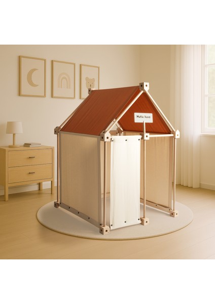 Modüler Ahşap Çocuk Oyun Evi – %100 Pamuklu Kumaşlı, Iç ve Dış Mekana Uygun, Doğal Kayın Ağacı