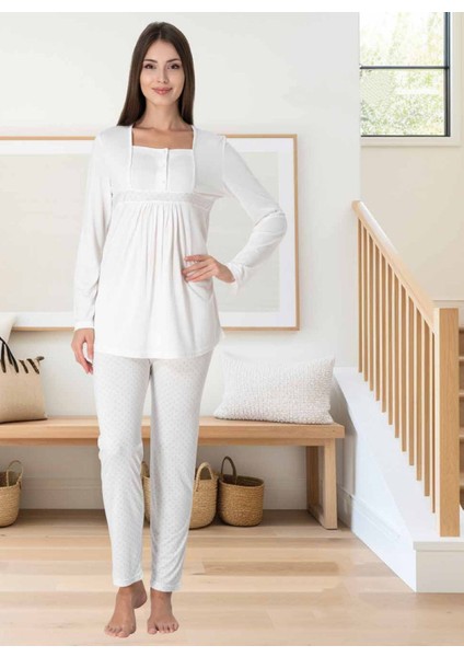 Dvina Effortt Lohusa Puantiyeli Pijama Takımı Ekru - 3022