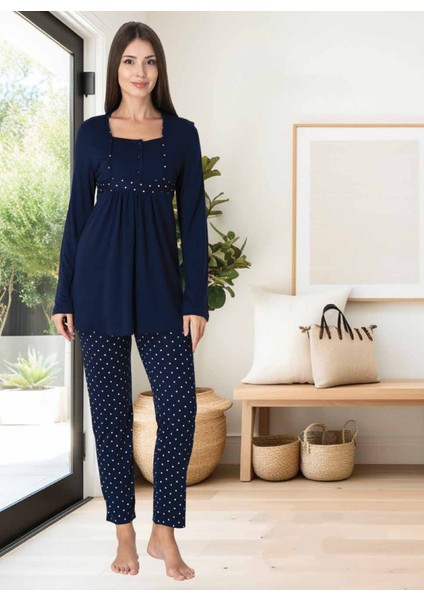 Dvina Effortt Lohusa Puantiyeli Pijama Takımı Lacivert - 3022