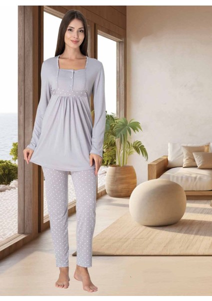 Dvina Effortt Lohusa Puantiyeli Pijama Takımı Gri - 3022