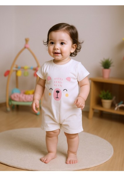 %100 Pamuk Kız Bebek Kısa Hayvan Baskılı Tulum