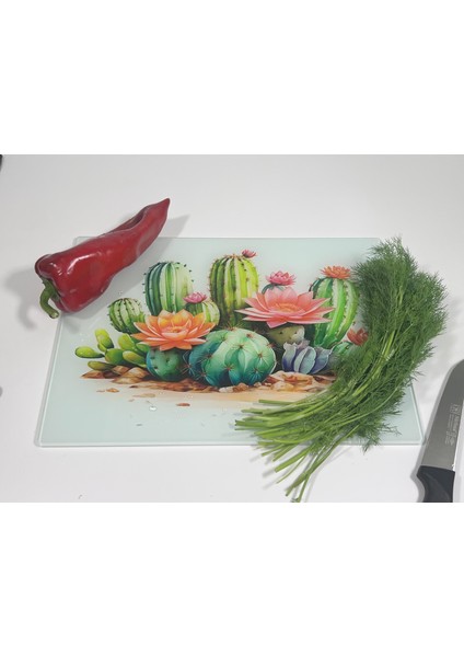 Temperli Cam Sebze Meyve Doğrama Kesme Tahtası, Kenarları Oval, Antibakteriyal Desenli 25X35CM