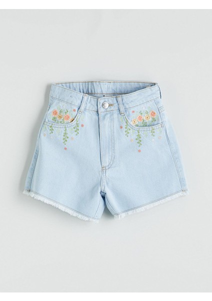 Çiçek Nakışlı Kız Çocuk Jean Şort (S5)