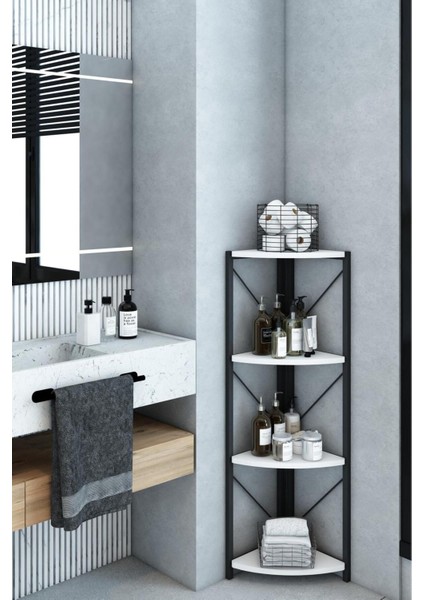 Datça 4 Raflı Banyo Rafı Köşe Metal Çok Amaçlı Dekoratif Raf Beyaz