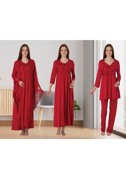 Dvina Effortt Lohusa 4'lü Set - Sabahlık/pijama Takımı/gecelik Fuşya - 3014