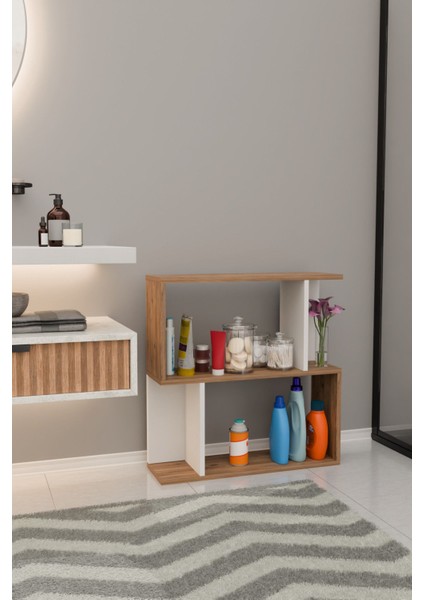 Belek 2 Raflı Banyo Rafı Çok Amaçlı Kitaplık Rafı Dekoratif Raf Beyaz-Meşe modelleri