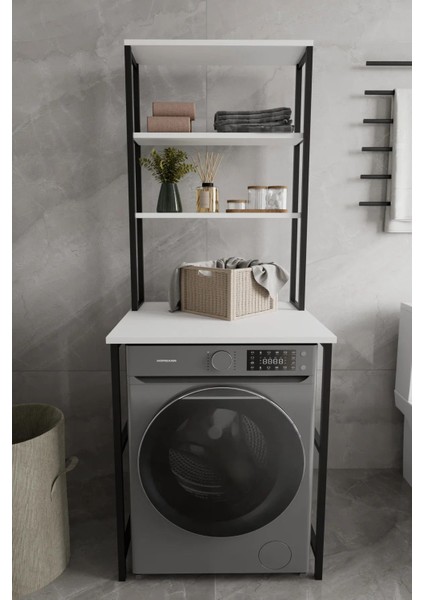 Çamaşır Makina Üstü Dolap Banyo Rafı Çok Amaçlı Banyo Dolabı 65LİK Çok Raflı Düzenleyici -Beyaz