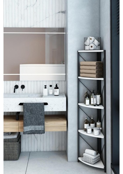 Datça 5 Raflı Metal Köşe Banyo Rafı Dekoratif Çok Amaçlı Raf Beyaz