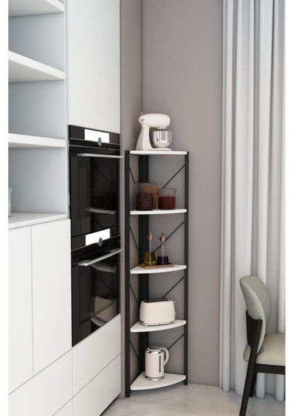 Datça 5 Raflı Metal Köşe Banyo Rafı Dekoratif Çok Amaçlı Raf Beyaz modelleri