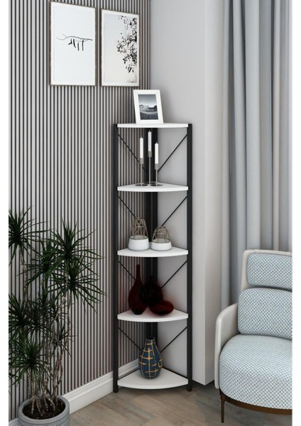 Datça 5 Raflı Metal Köşe Banyo Rafı Dekoratif Çok Amaçlı Raf Beyaz