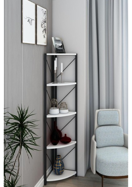 Datça 5 Raflı Metal Köşe Banyo Rafı Dekoratif Çok Amaçlı Raf Beyaz