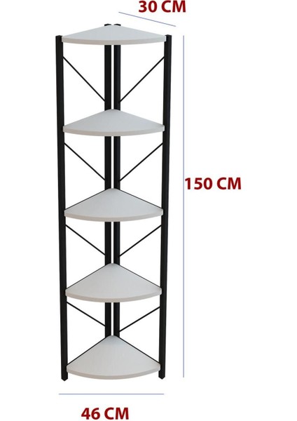 Datça 5 Raflı Metal Köşe Banyo Rafı Dekoratif Çok Amaçlı Raf Beyaz