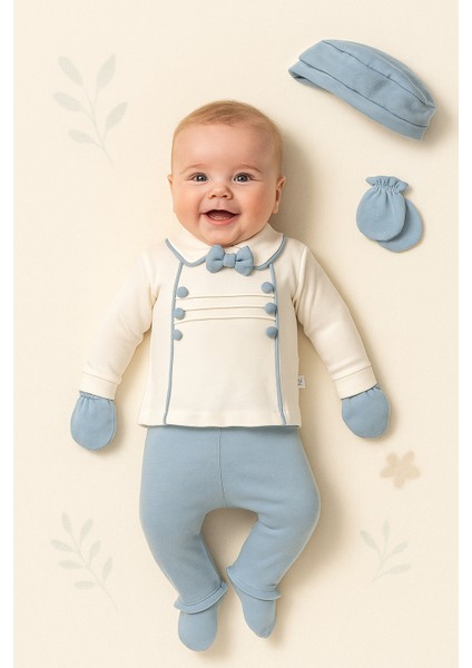 Yenidoğan &erkek Bebek Biyeli Fiyonklu 5'lı Hastane Çıkışı Zıbın Seti