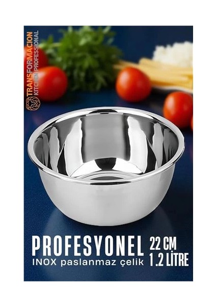 Inox Kase - 22 cm 1.2 Litre Karıştırma Kabı Profesyonel 304 Paslanmaz Çelik